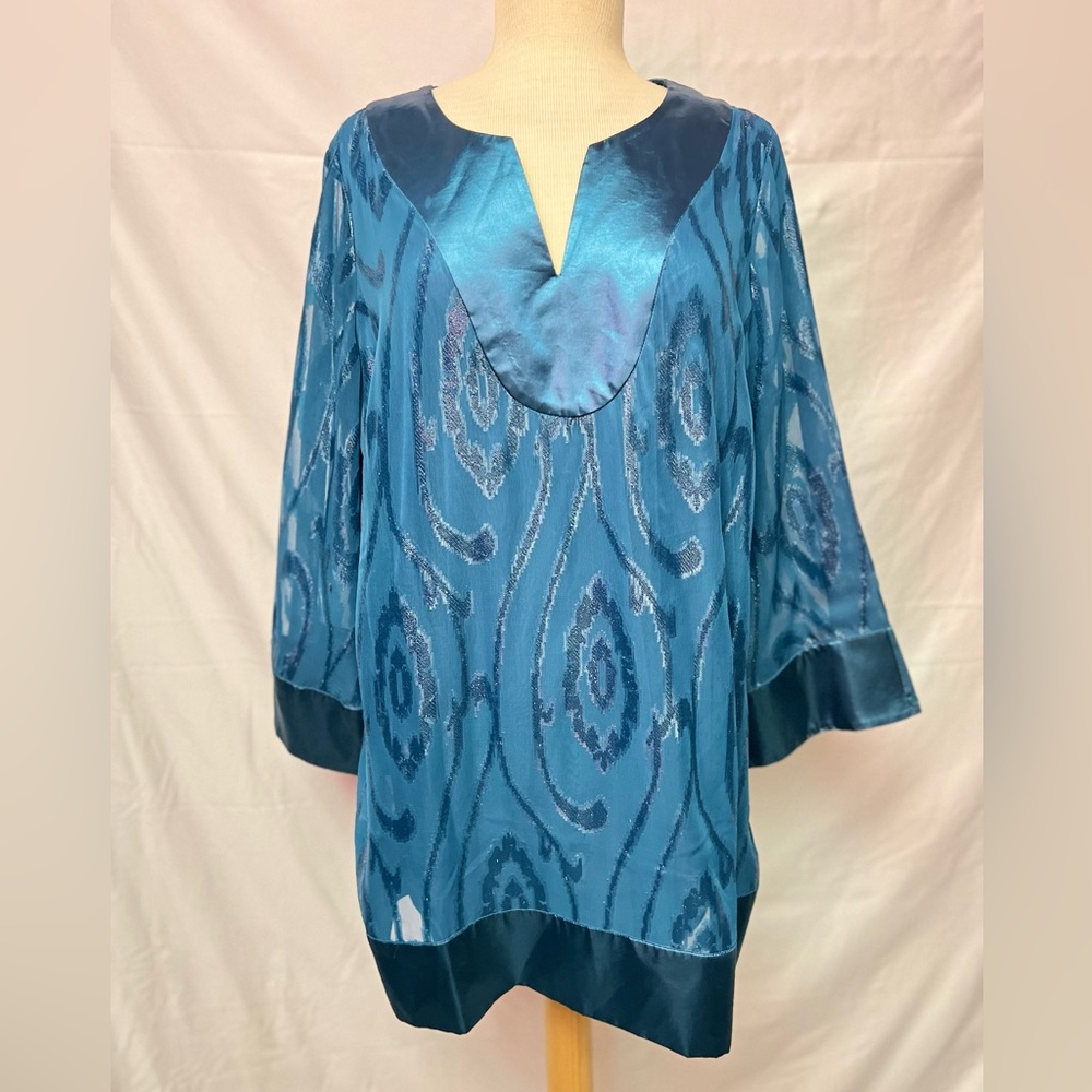 Badgley Mischka Teal Satin-Trim Ikat-Pattern Tunic